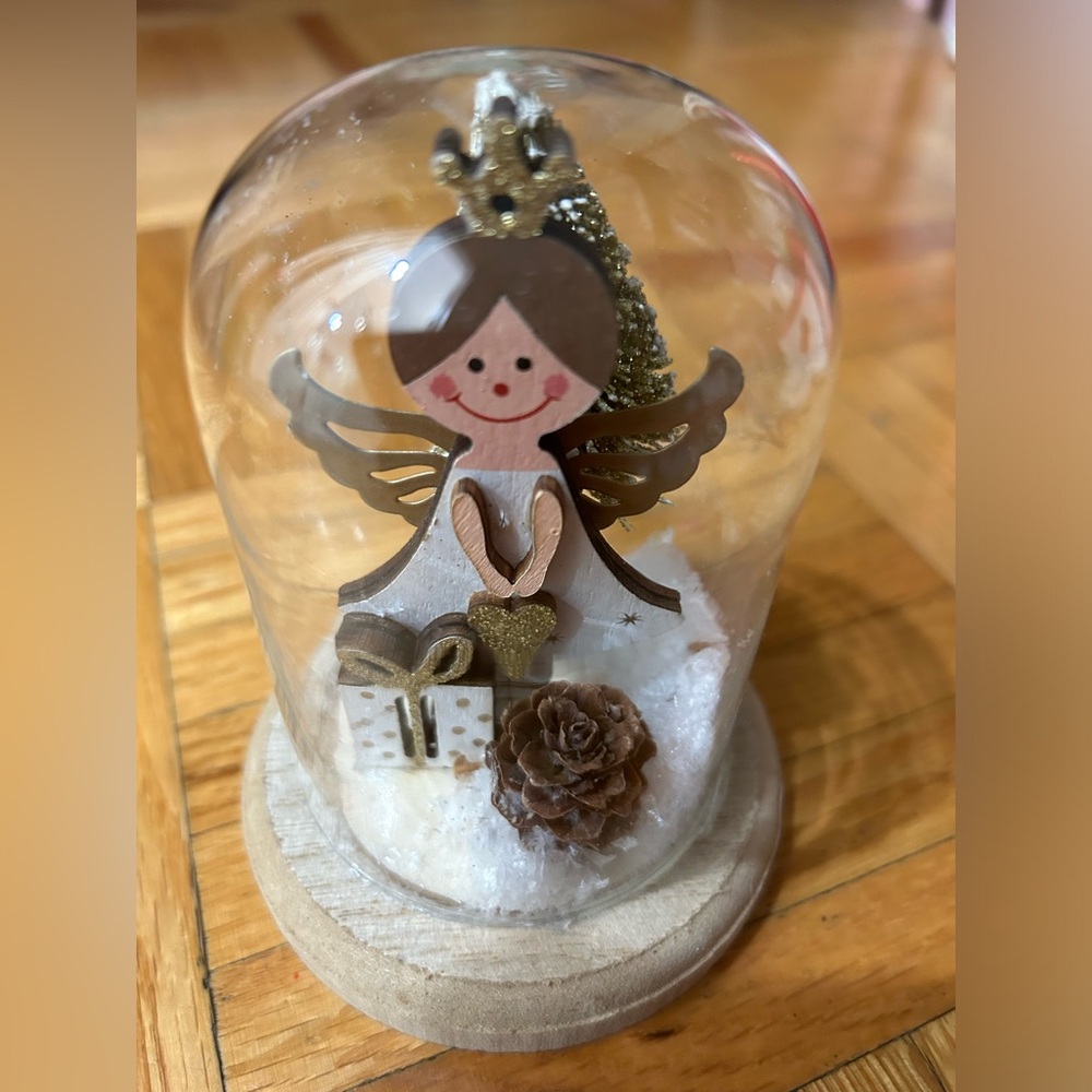 Wooden 4 inches Christmas Angel in a clear plastic dome